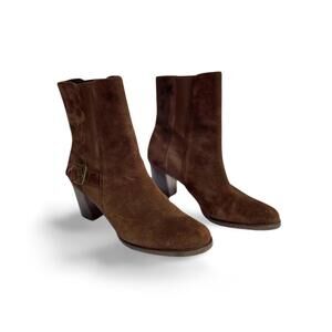 Cole Haan Brown Suede Ankle Boots mid-heel w Buckle Detail